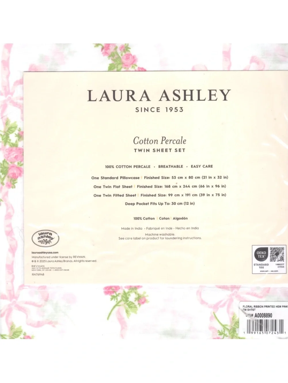 Laura Ashley Floral Ribbon Stripe Pink Twin 3 Pc Cotton Percale Sheet Set NWT